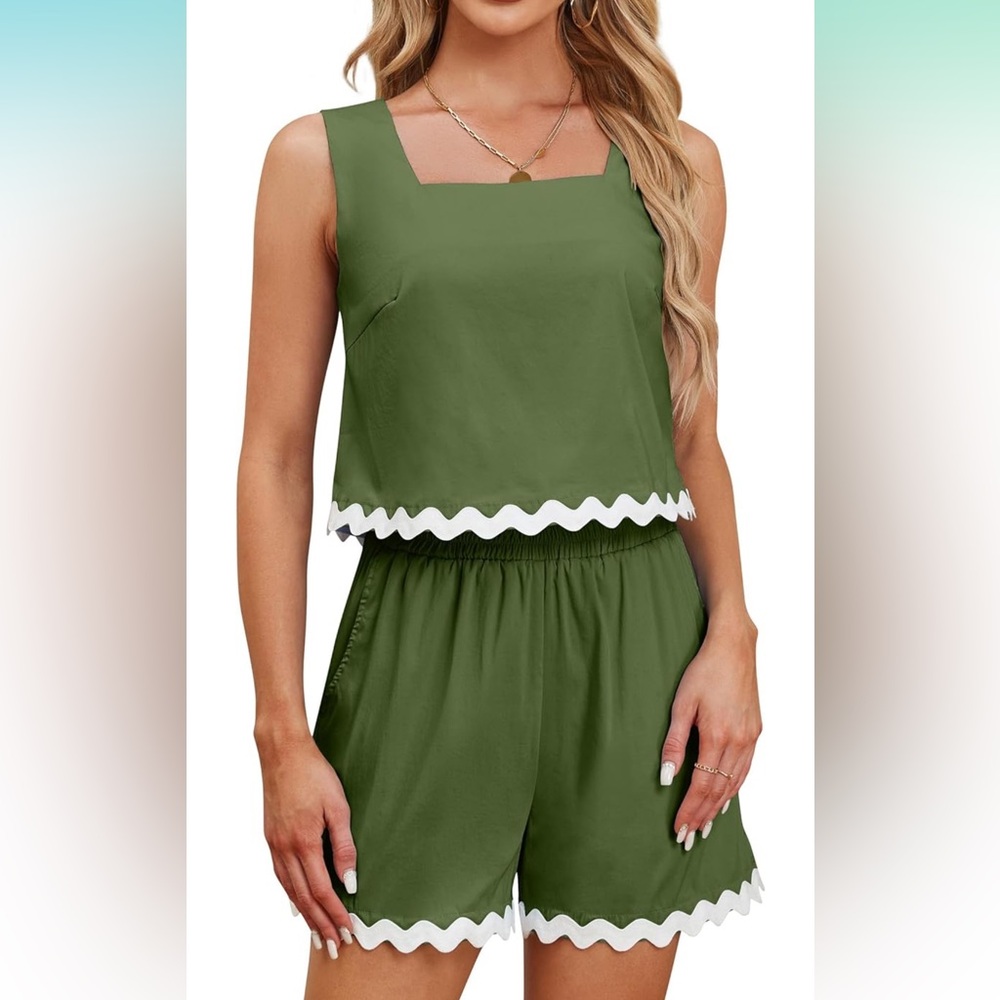 Women's 2 Piece Vacation Beach Outfits Cute Square Neck Casual Set Olive 3XL NWT
